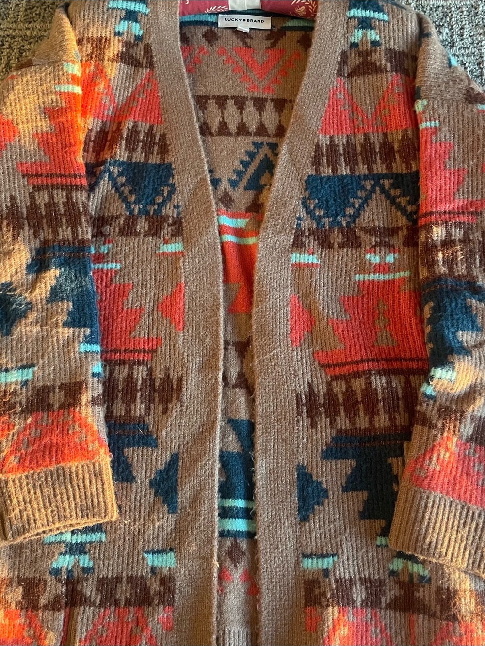 Lucky Brand Open-Front Aztec Cardigan in Tan, Coral & Teal